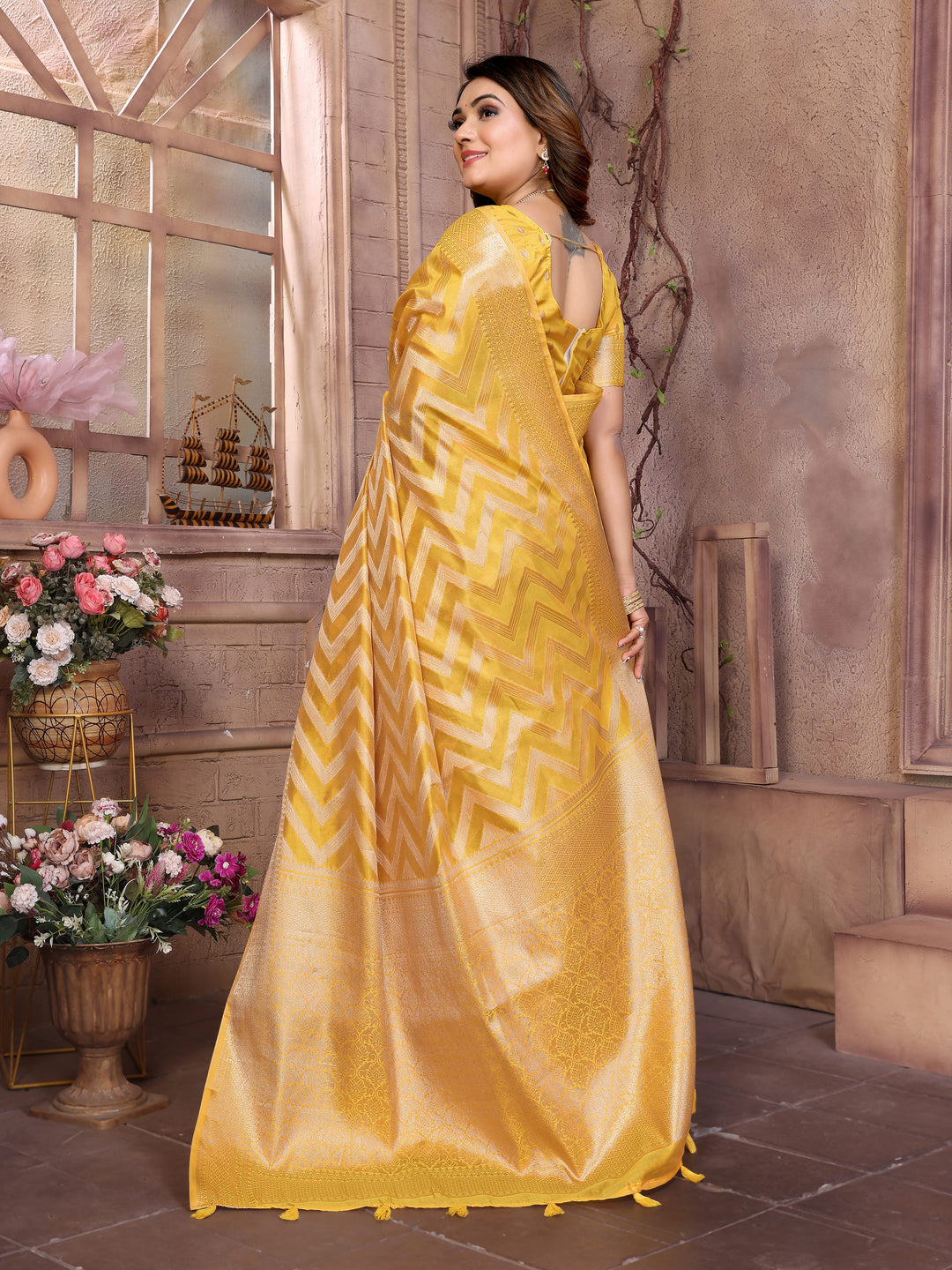 Yellow Dwija Soft Organza Silk Banarasi Saree With Unique Butta With Unique Colours