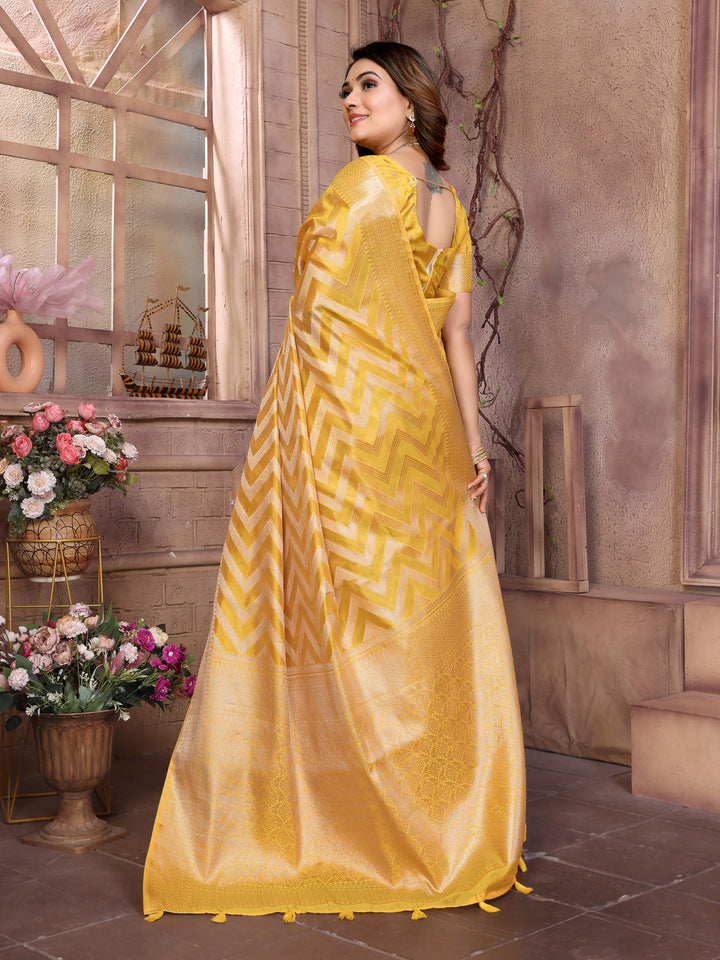 Yellow Dwija Soft Organza Silk Banarasi Saree With Unique Butta With Unique Colours