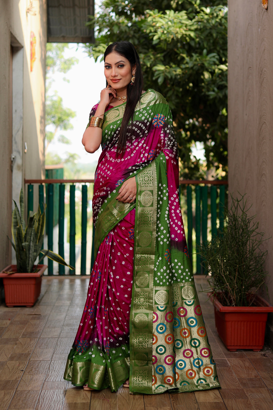 Pink Ishani Pure Bandhej Silk Saree Minakari Weaving Butta With Zari