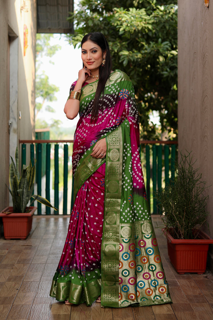Pink Ishani Pure Bandhej Silk Saree Minakari Weaving Butta With Zari