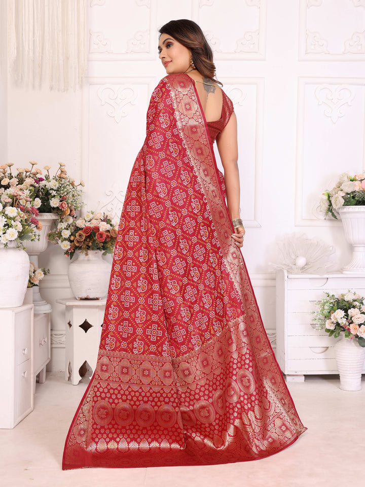 Maroon Samshira Soft Satin Silk Bandhej Print Saree With Zari Border Design And Having Rich Pallu