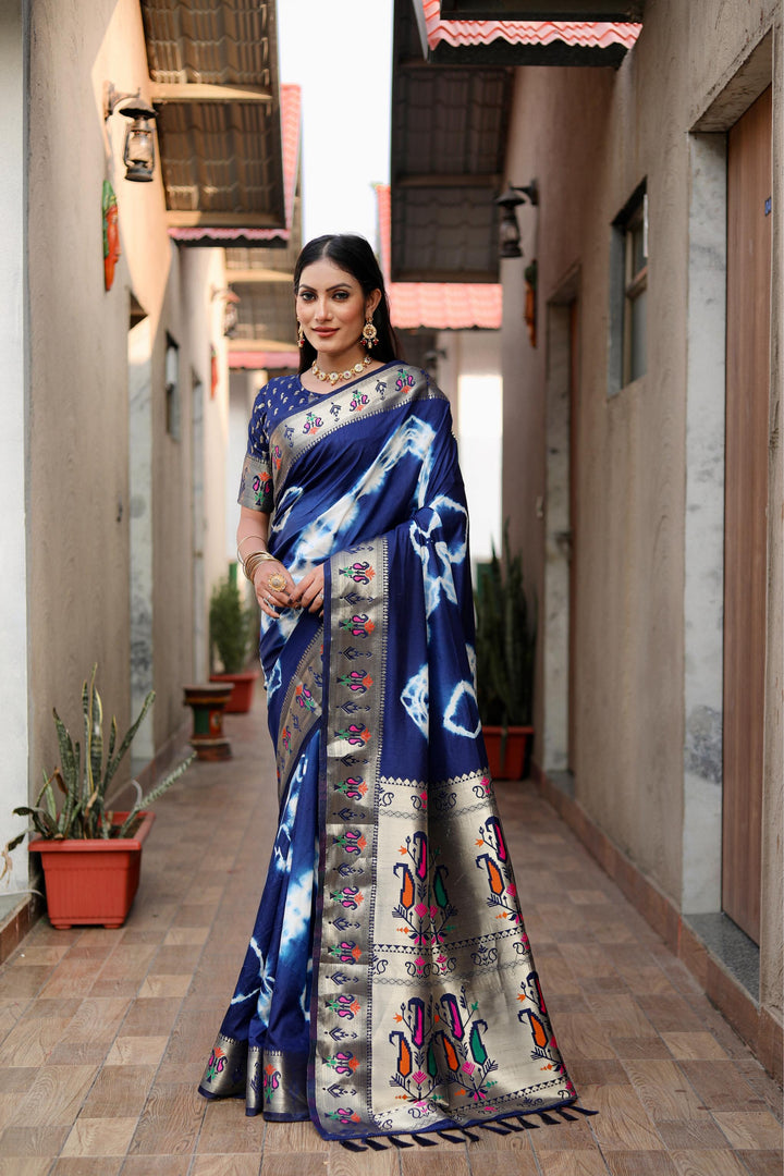 Navy Blue Vatika Sibori Print Paithani Silk Sarees With Gold Zari Paithani Border & Contrast Rich Pallu