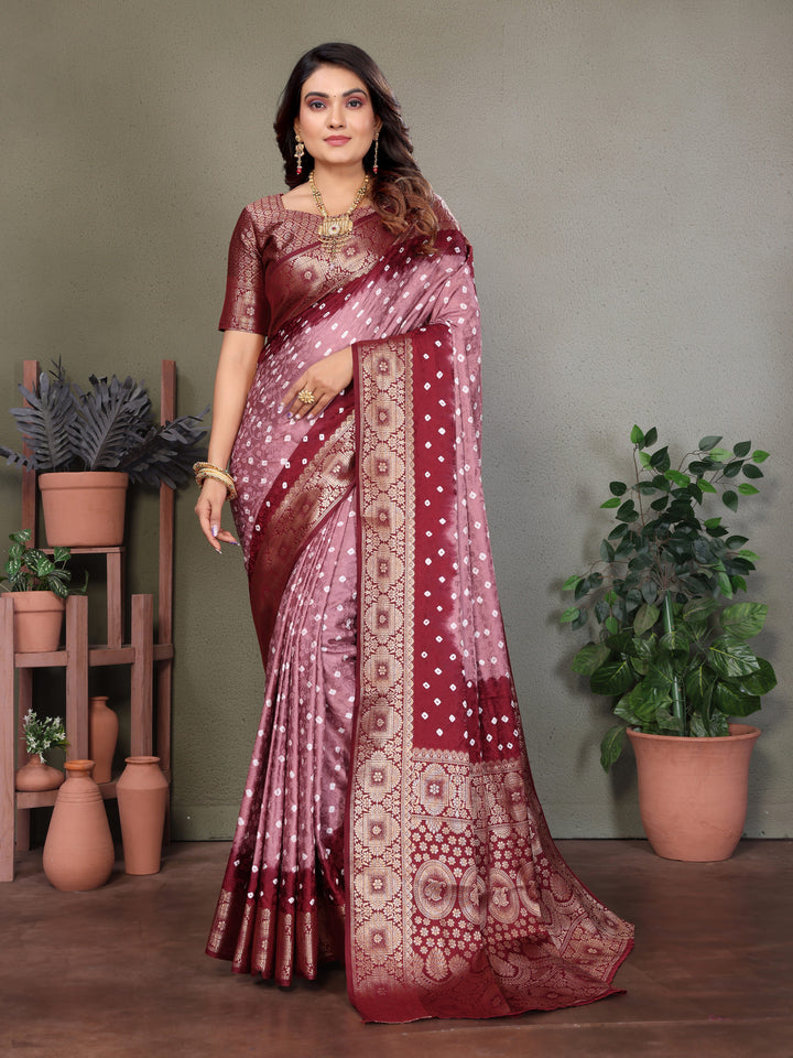 Light Pink Satyavati Bandhej Satin Silk Saree Made By Original Bandhej With Zari Weaving Border