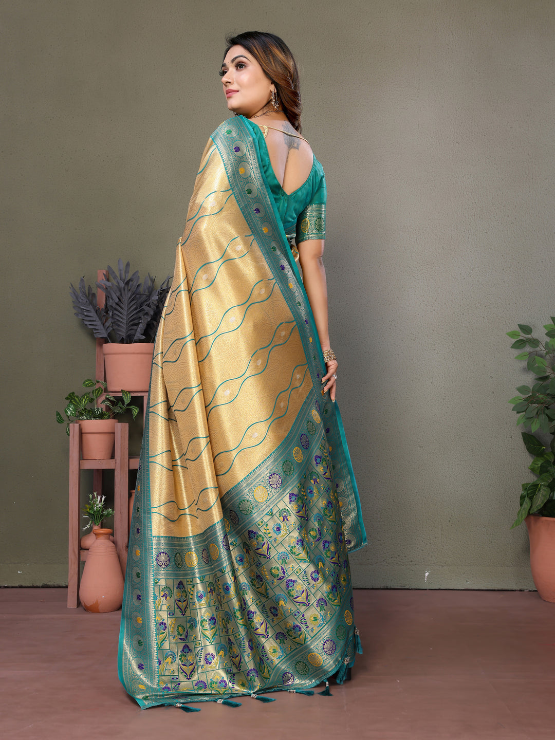Yellow Vasant Banarasi Tissue Silk Saree With Laheriya Woven Borders & Contrast Banarasi Pallu