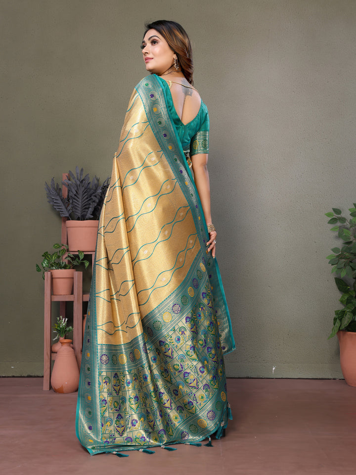 Yellow Vasant Banarasi Tissue Silk Saree With Laheriya Woven Borders & Contrast Banarasi Pallu