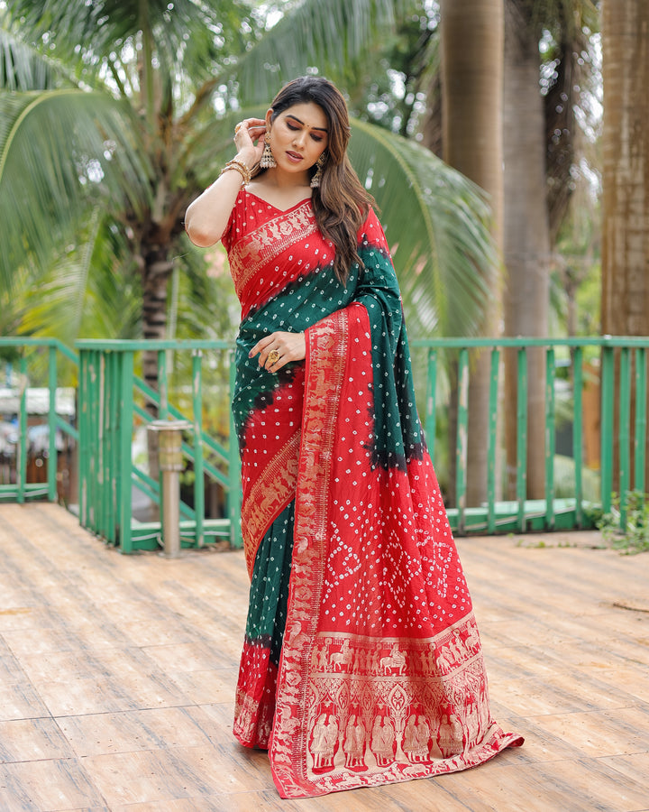 Green Vamika Pure Bandhej Silk Saree With Bandhej Border & Zari Weaving Rich Tissue Pallu