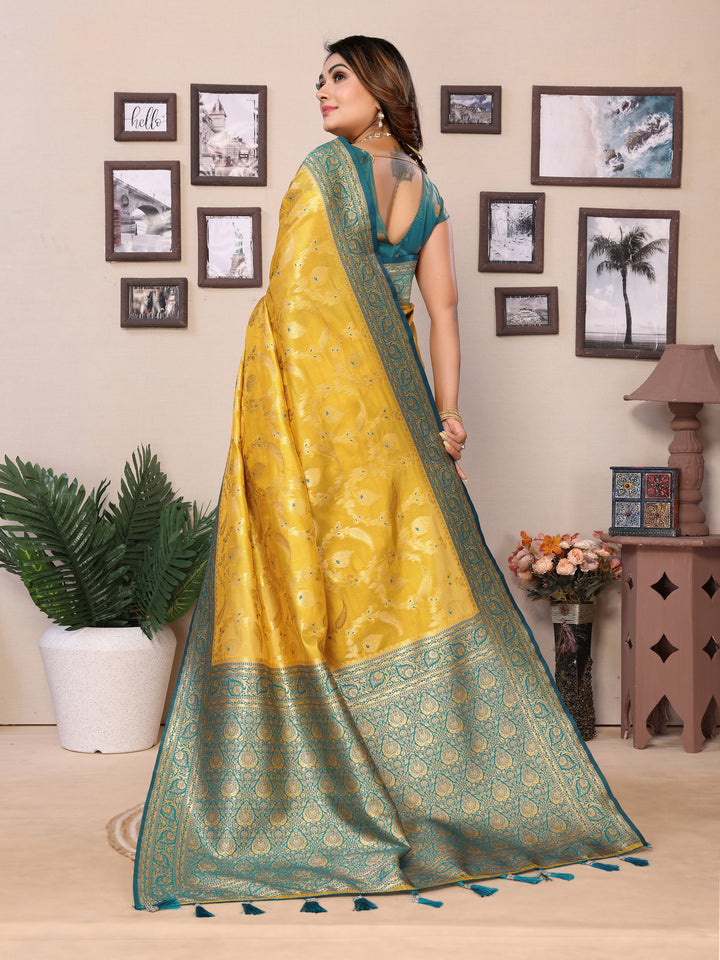 Yellow Hema pure Banarasi Tissues silk sarees Its soft and silky with Meenkari woven border