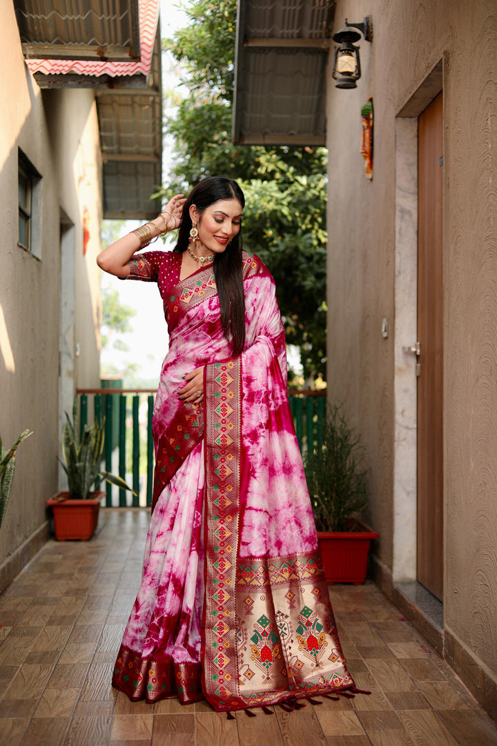 Wine Flora Sibori Print Paithani Silk Sarees  With Gold Zari Paithani Border & Contrast  Rich Pallu