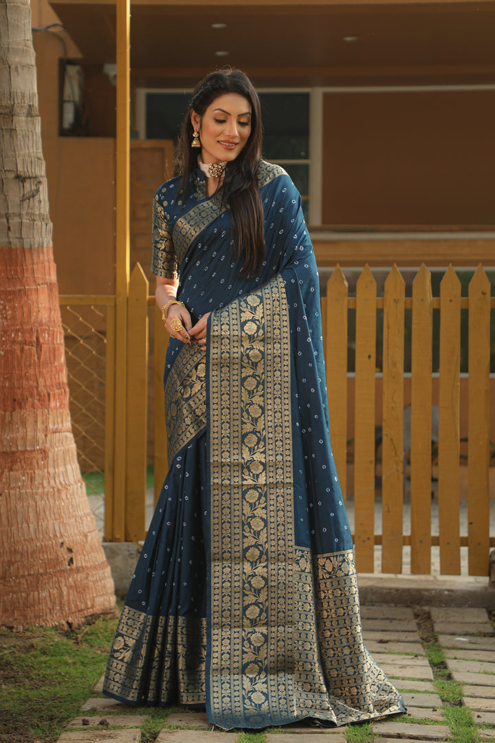 Navy Blue Toral Bandhej Kanjivaram Silk Saree Kanjivaram Border With Zari Weaving Rich Pallu