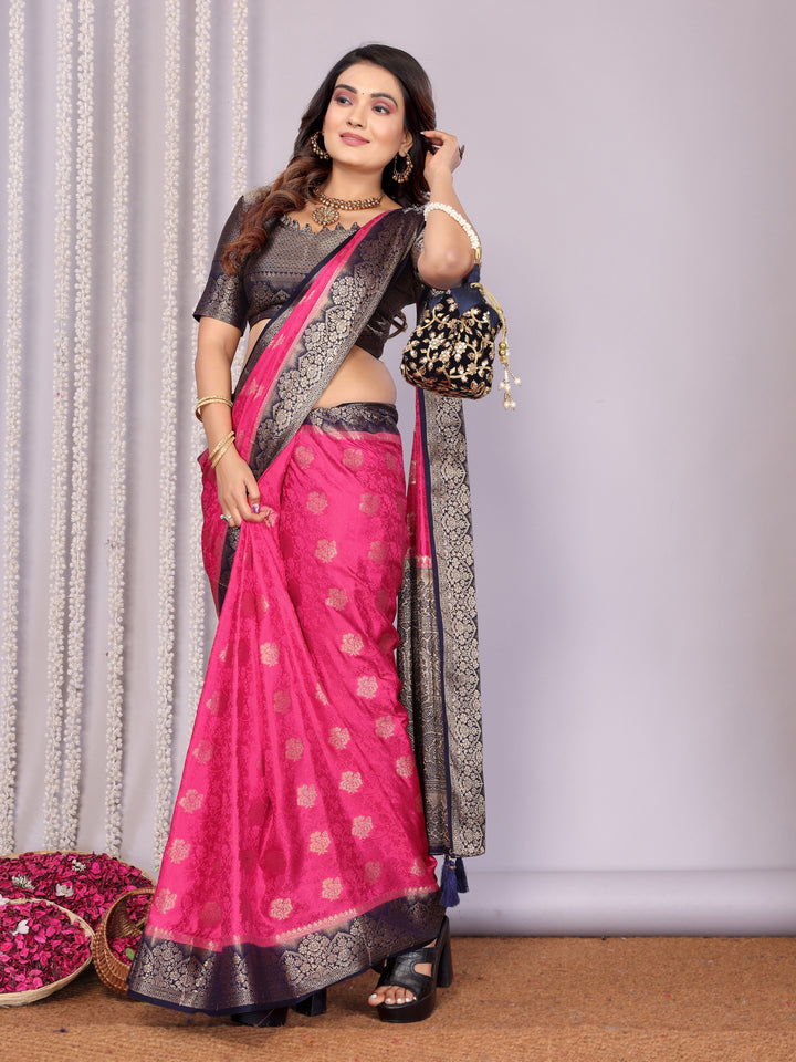 Pink Sandhya Satin Silk Sarees With Butta Designs & Contrast Zari Woven Borders