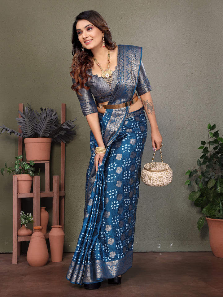 Sky Shakuntala Bandhej Silk Saree With Zari Weaving Butta & Zari Rich Pallu With Beautiful Design & Broad Border