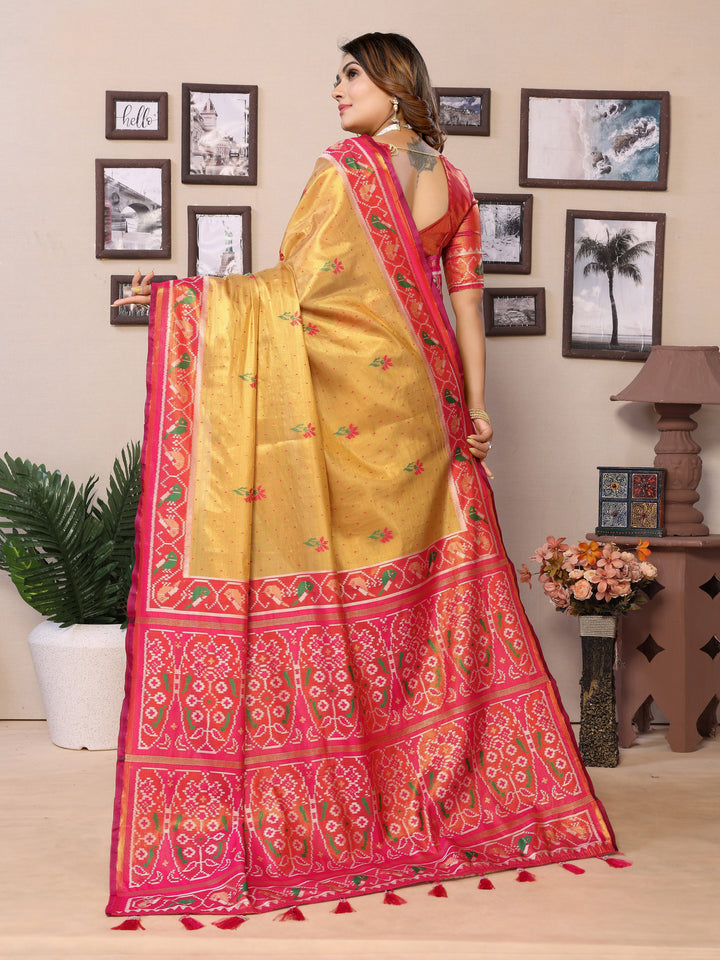 Yellow Surekha Banarasi Silk Saree With Contrast Patola Woven Borders & Pallu