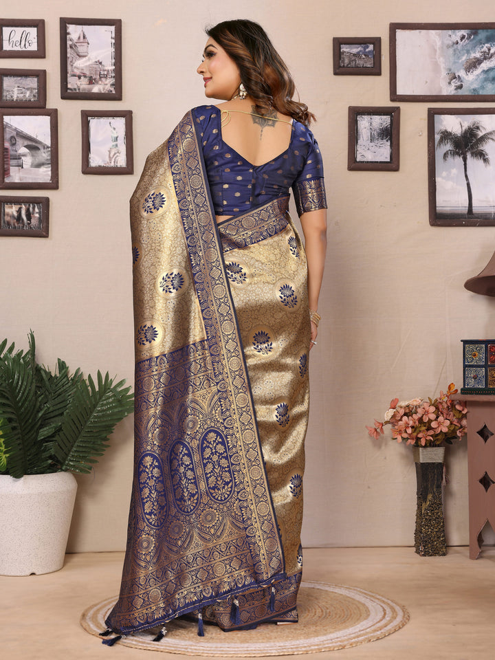 Blue Mahek Handloom Tissue Silk Sarees with Zari Weaving and Contrast Zari  borders