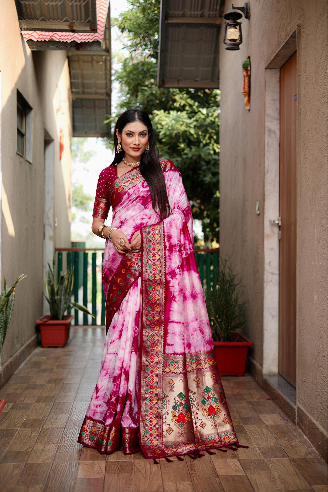 Wine Flora Sibori Print Paithani Silk Sarees  With Gold Zari Paithani Border & Contrast  Rich Pallu
