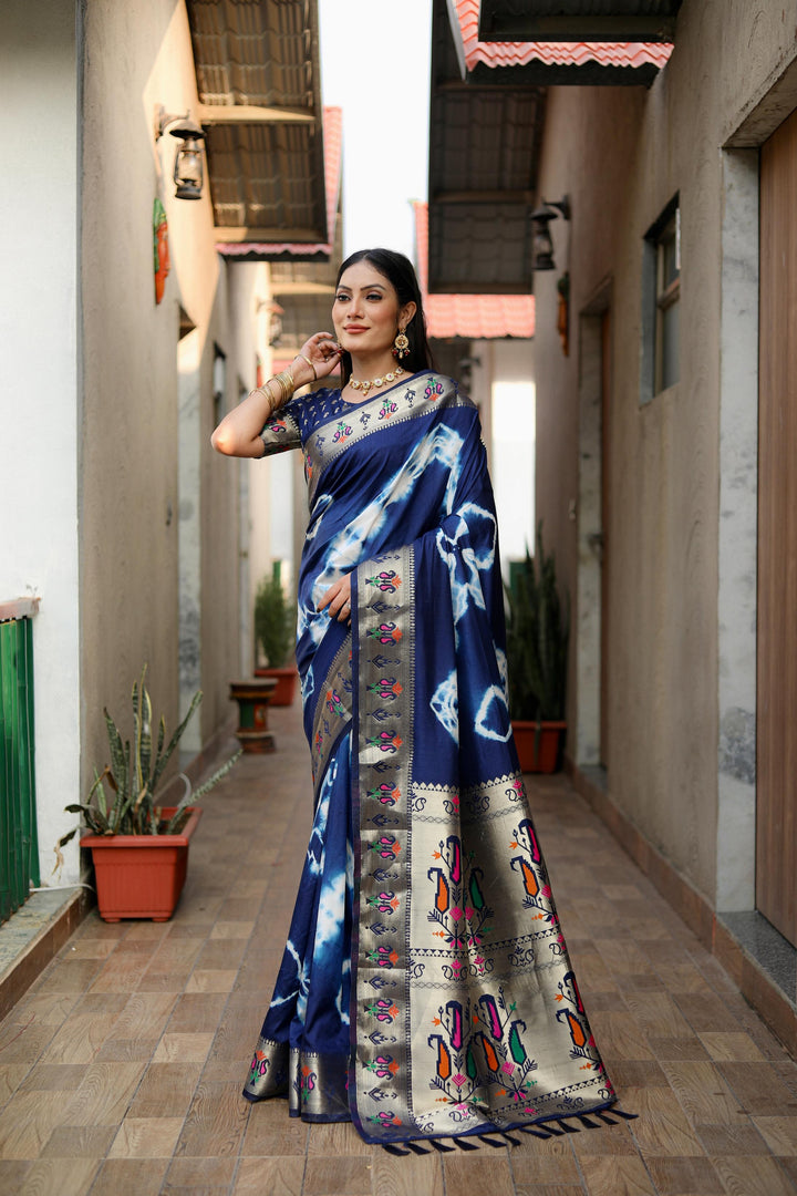 Navy Blue Vatika Sibori Print Paithani Silk Sarees With Gold Zari Paithani Border & Contrast Rich Pallu