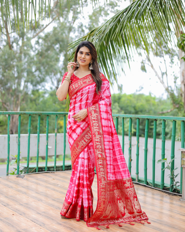 Pink Rangavelly Sibori Print Paithani Silk Sarees With Gold Zari Paithani Border & Contrast Rich Pallu