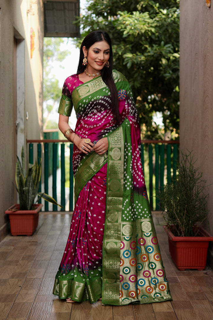 Pink Ishani Pure Bandhej Silk Saree Minakari Weaving Butta With Zari