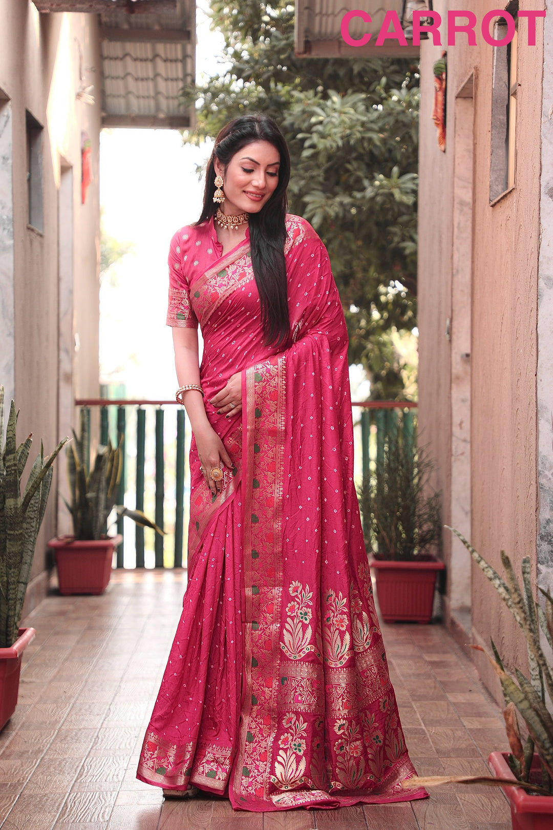 Carrot Nazakat Pure Bandhej Silk Saree With Patola Border Zari Weaving Paithani And Paithani Rich Pallu