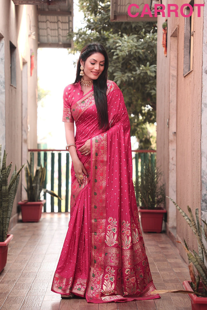 Carrot Nazakat Pure Bandhej Silk Saree With Patola Border Zari Weaving Paithani And Paithani Rich Pallu