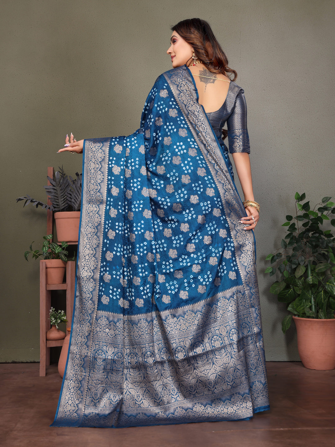 Sky Shakuntala Bandhej Silk Saree With Zari Weaving Butta & Zari Rich Pallu With Beautiful Design & Broad Border