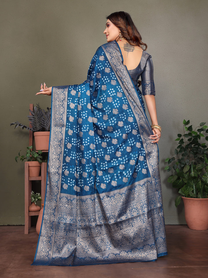 Sky Shakuntala Bandhej Silk Saree With Zari Weaving Butta & Zari Rich Pallu With Beautiful Design & Broad Border