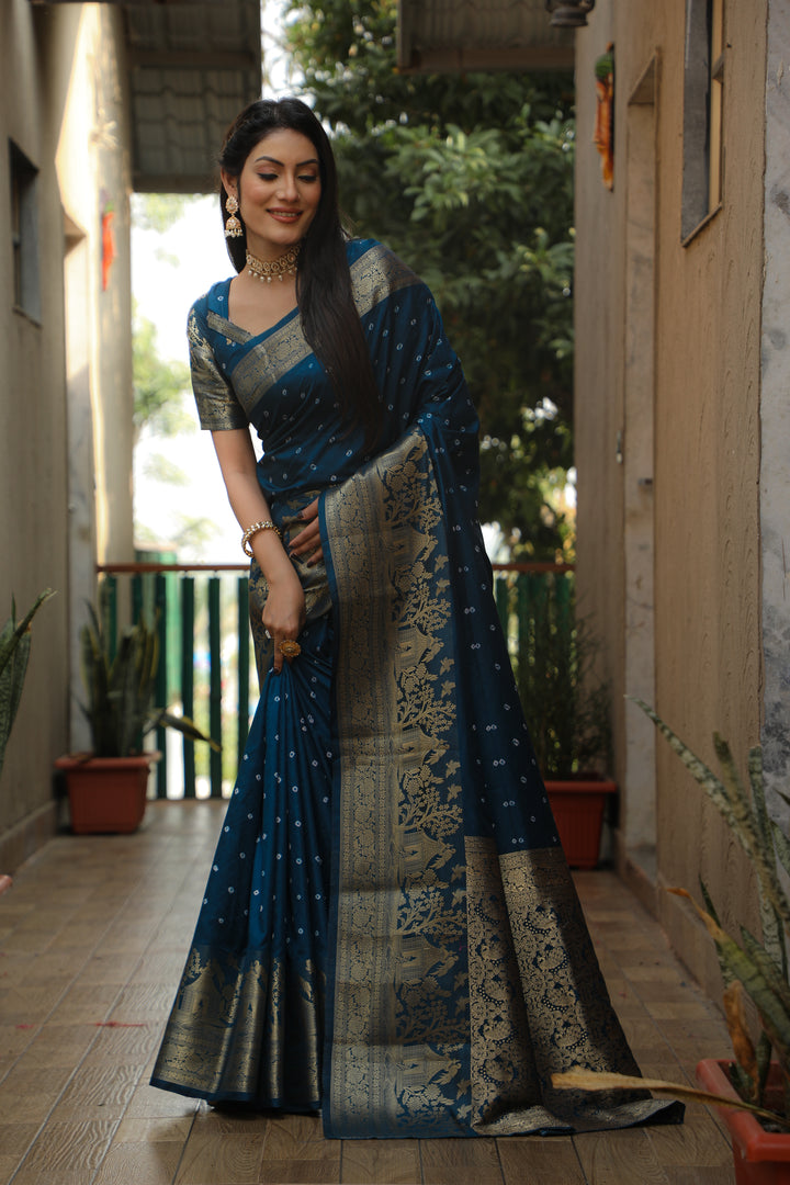 Blue Suvarna-3 Bandhej Kanjivaram silk saree And Kanjivaram Border with Zari Weaving Rich Pallu