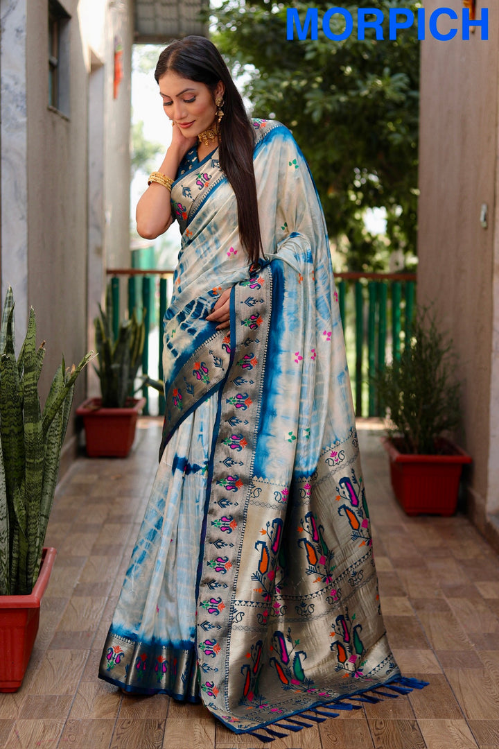 Morpich Poonam Sibori Print Paithani Silk Sarees With Gold Zari Paithani Border & Contrast Rich Pallu