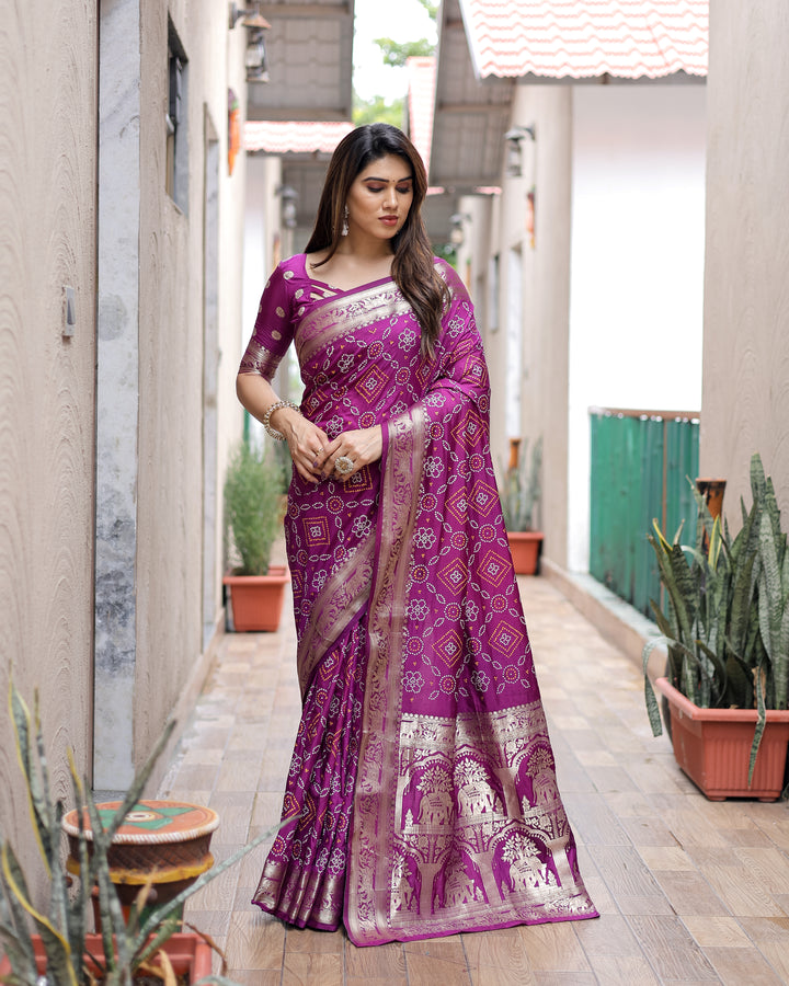 Purple Pushpavati Soft Dola Silk Bandhej Sarees With Kanchi Weaving Border With Multicolour Bandhej Block Print Design