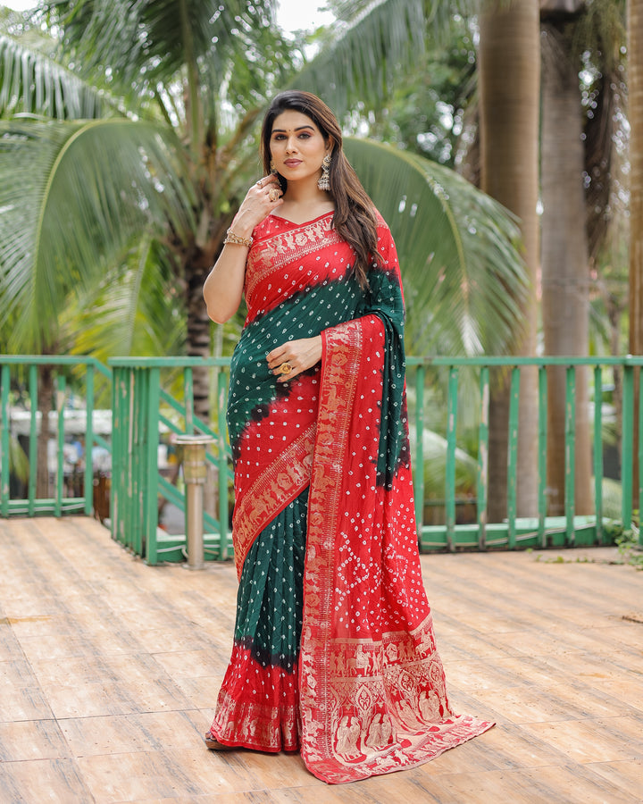 Green Vamika Pure Bandhej Silk Saree With Bandhej Border & Zari Weaving Rich Tissue Pallu