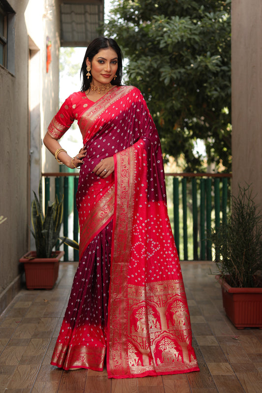 Maroon Vahini Pure Bandhej Silk Saree With Bandhej Border & Zari Weaving Rich Tissue Pallu