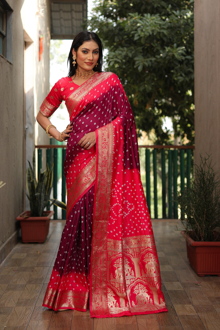 Maroon Vahini Pure Bandhej Silk Saree With Bandhej Border & Zari Weaving Rich Tissue Pallu