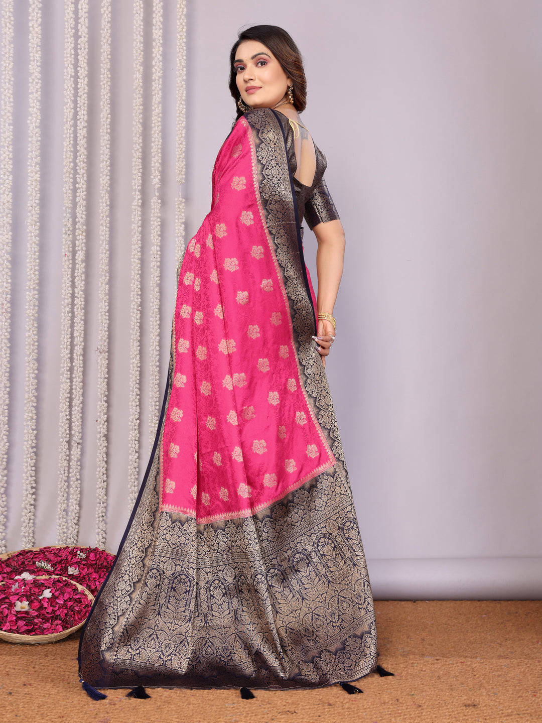 Pink Sandhya Satin Silk Sarees With Butta Designs & Contrast Zari Woven Borders