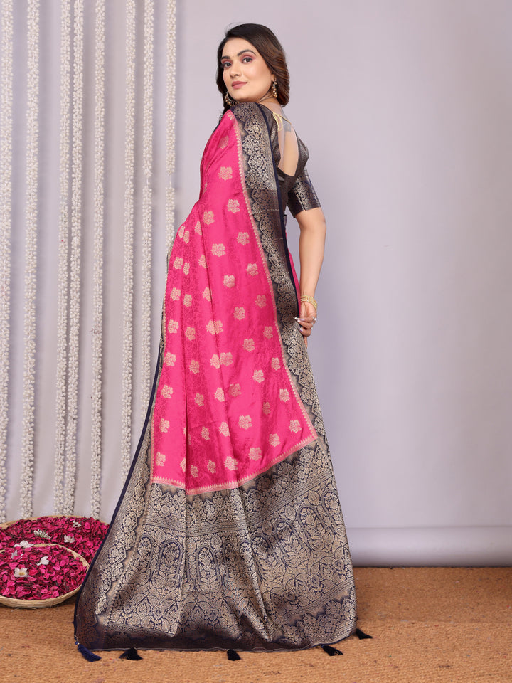 Pink Sandhya Satin Silk Sarees With Butta Designs & Contrast Zari Woven Borders
