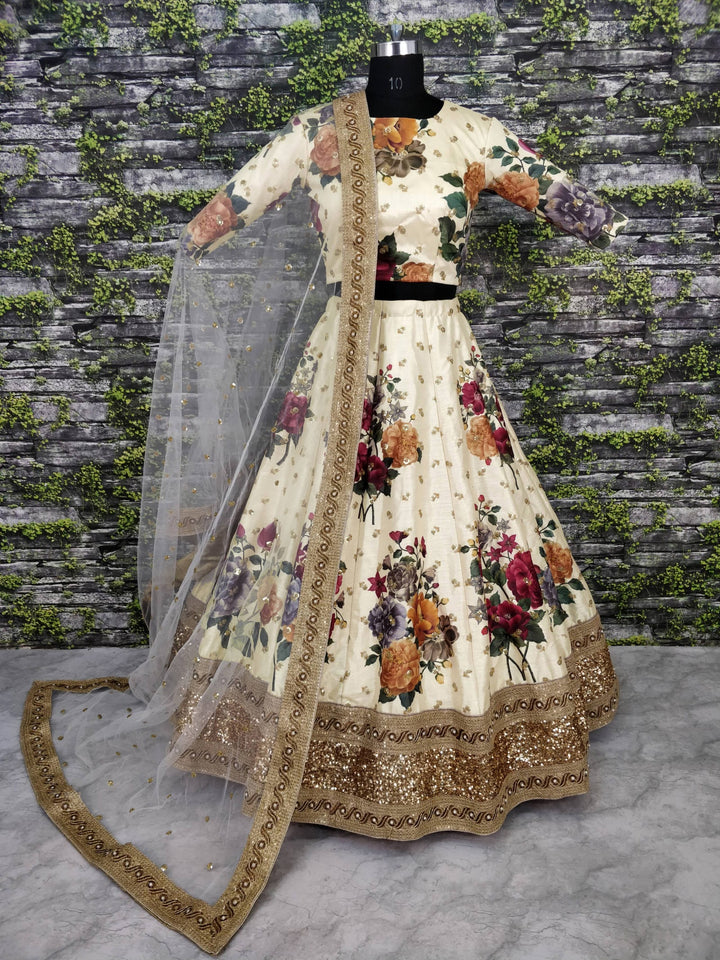 Cream Color Art Silk Sequins Embroidered Border and Pearl work Lehenga Choli