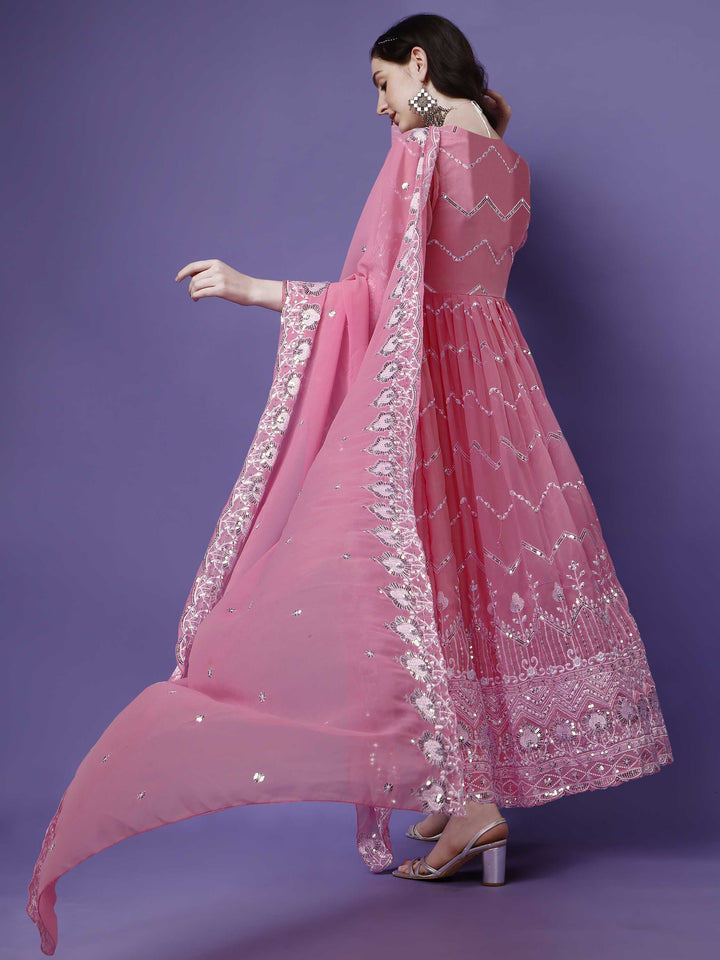 Indian Wear Pink Georgette Gown With Sequence Embroidery Work And Dupatta For Women, Anarkali Kurti, Long Flared Dress, Bridesmaid Dress