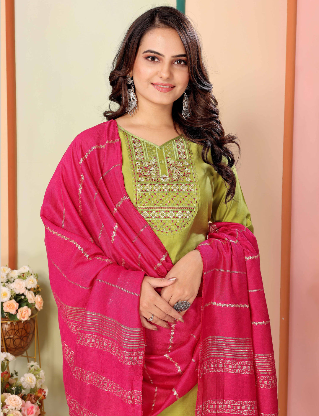 Green Color Silk Embroidery Kurti with Pant And Dupatta Sets