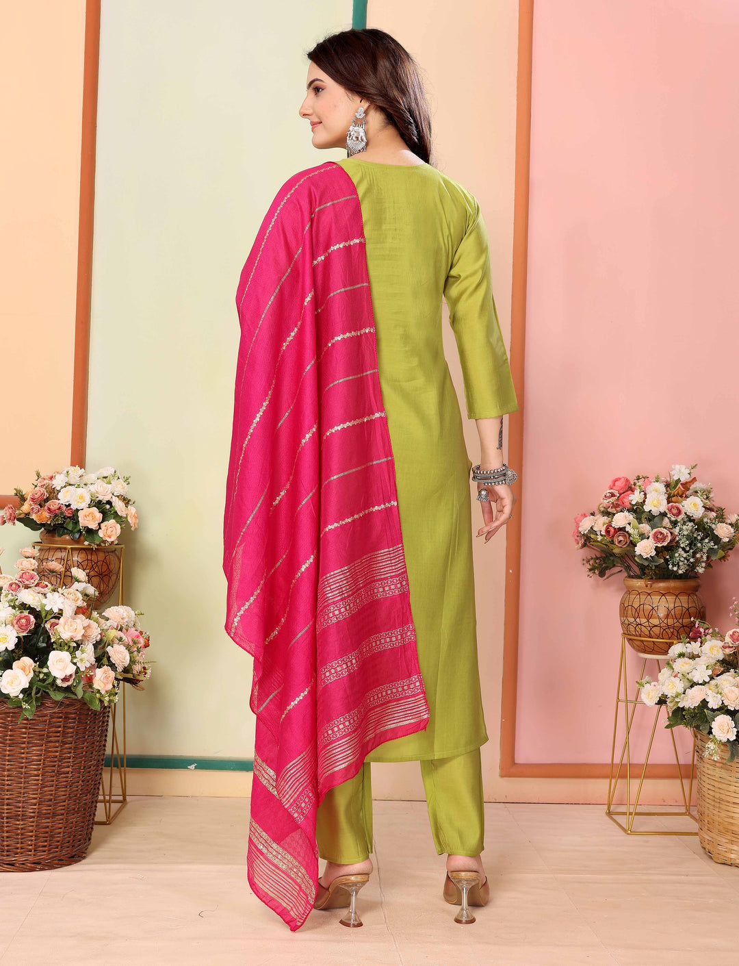 Green Color Silk Embroidery Kurti with Pant And Dupatta Sets