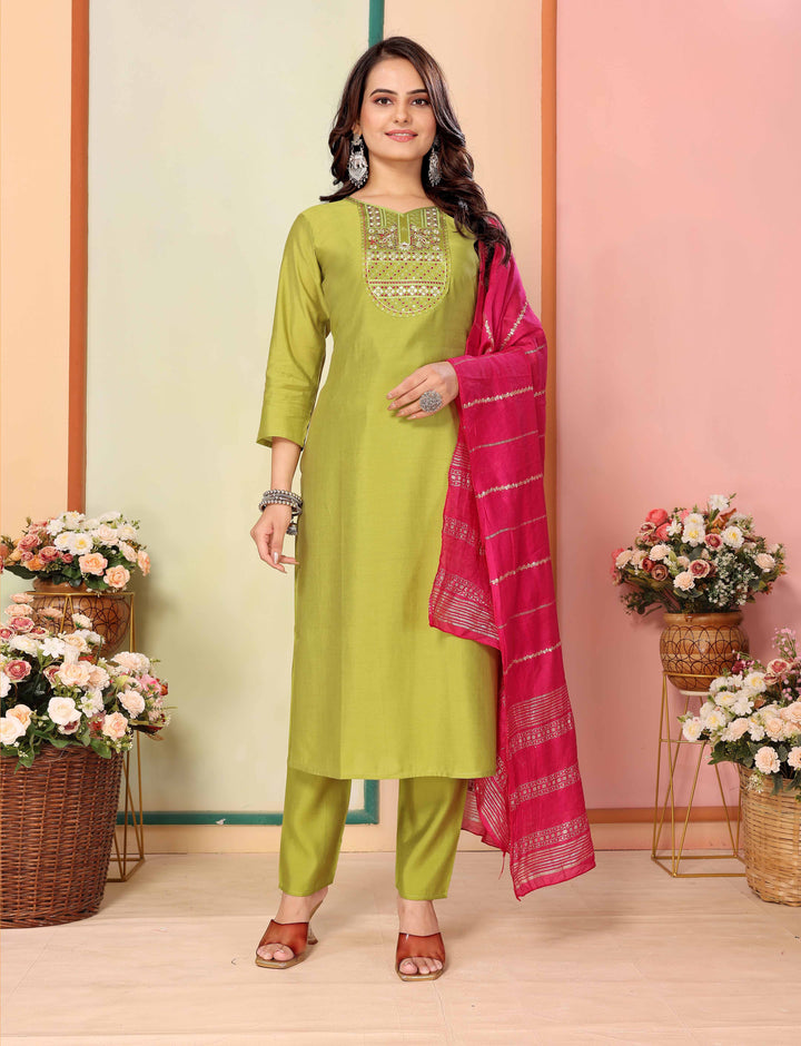 Green Color Silk Embroidery Kurti with Pant And Dupatta Sets