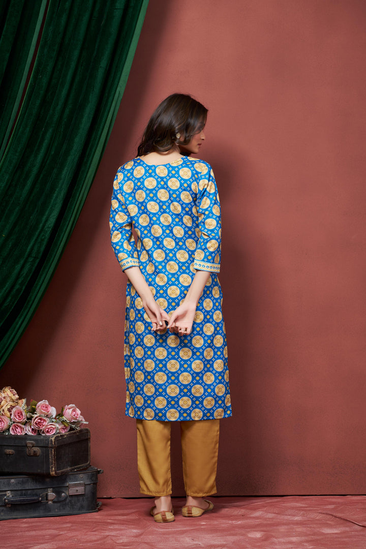 Blue Color Cotton Lilen With Print And Embroidery Work Kurti