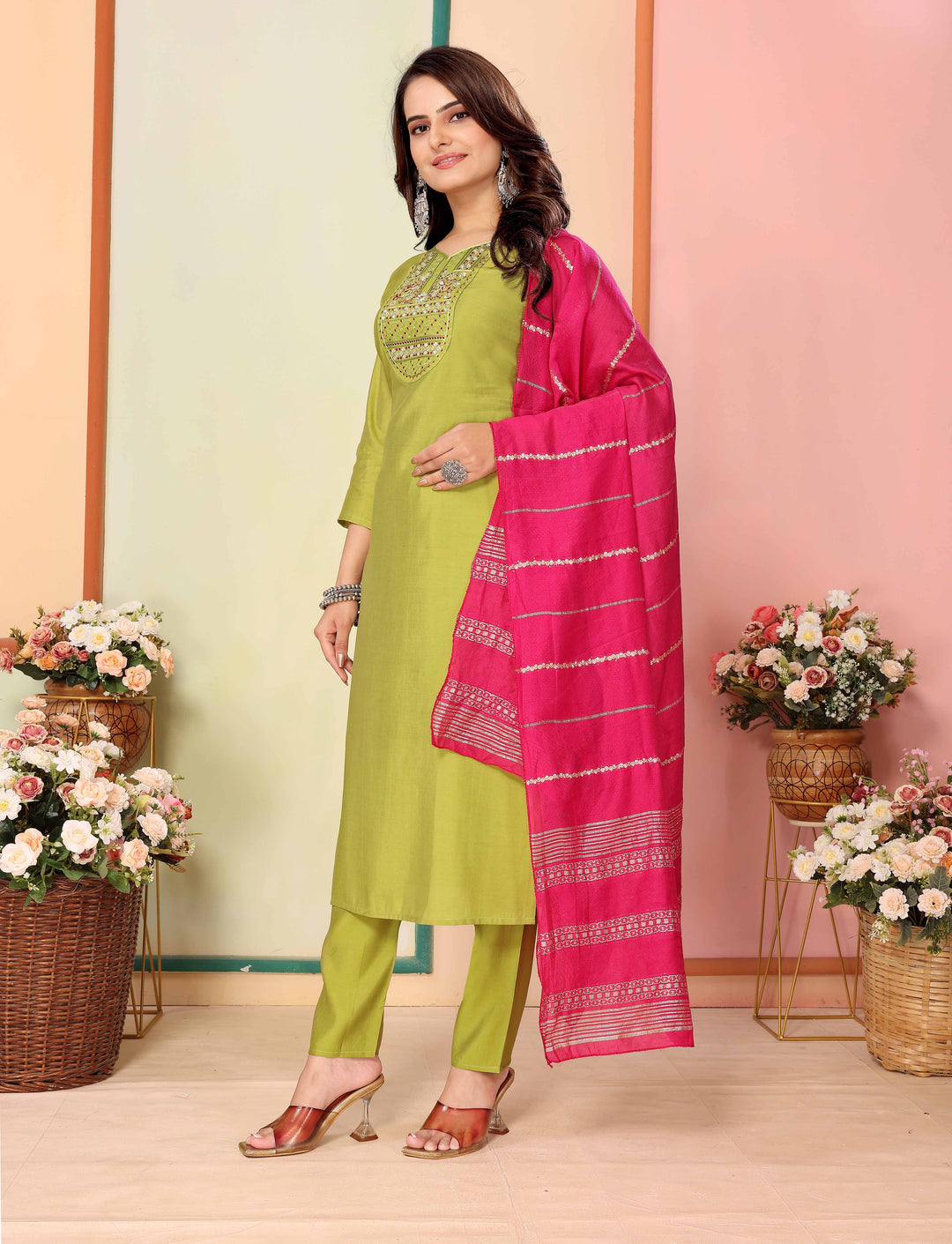Green Color Silk Embroidery Kurti with Pant And Dupatta Sets