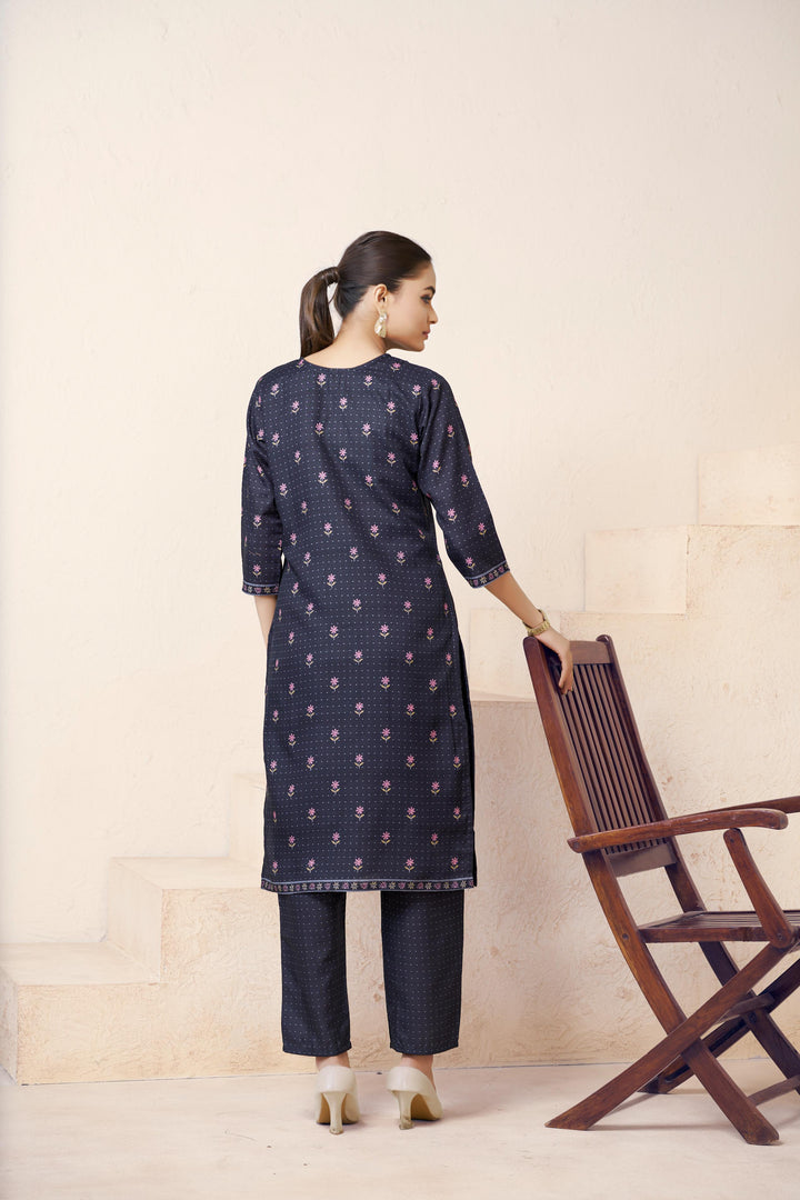 Navy Blue Color Cotton Lilen With Print And Embroidery Work Kurti