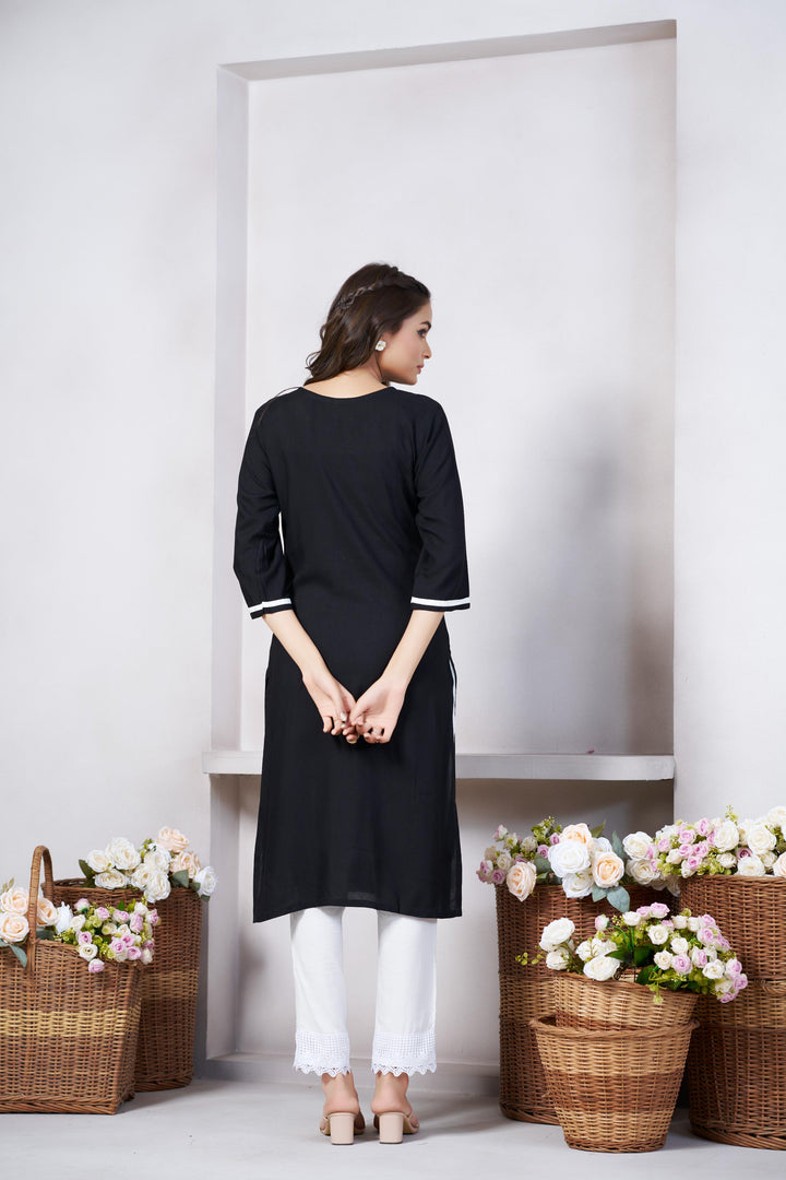 Black Color Cotton Lilen With Print And Embroidery Work Kurti