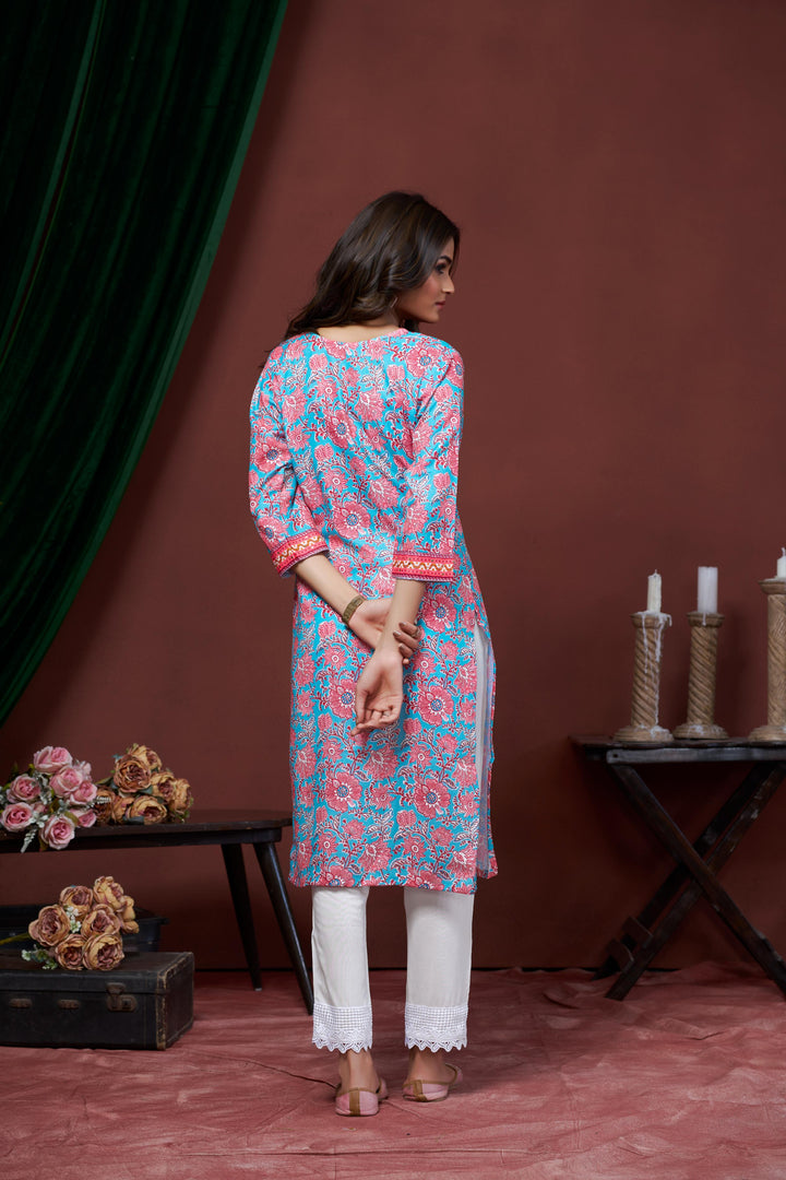 Blue And Pink Color Cotton Lilen With Print And Embroidery Work Kurti