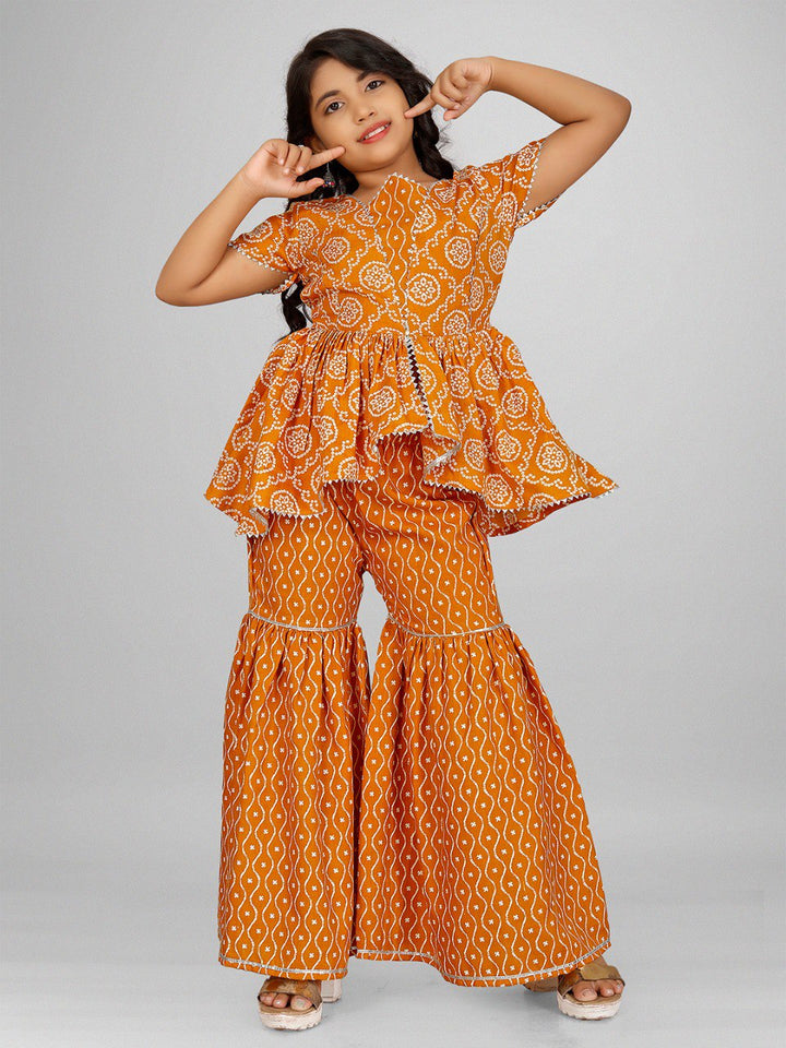 Yellow Colour Reyon Printed Gotta patti lace Top with sharara Dupatta set(3 PICS)