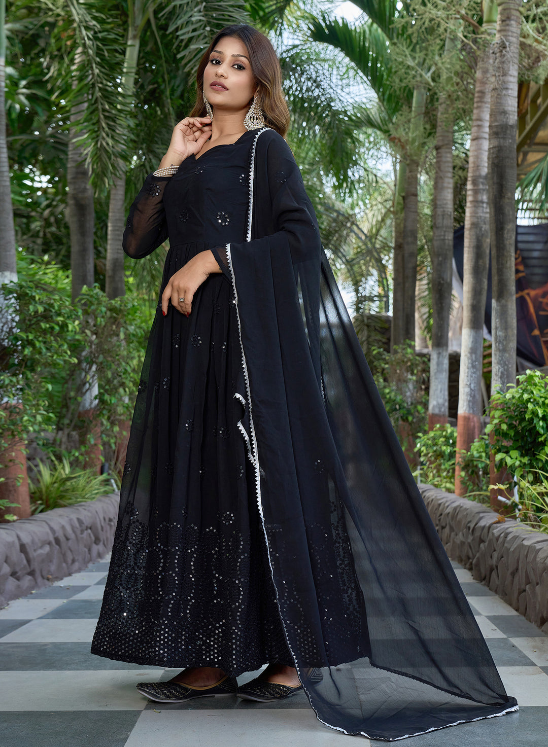 Indian Partywear Black Georgette Anarkali Gown With Heavy Embroidery Sequence Work And Dupatta For Women, Designer Gown,Traditional Dress