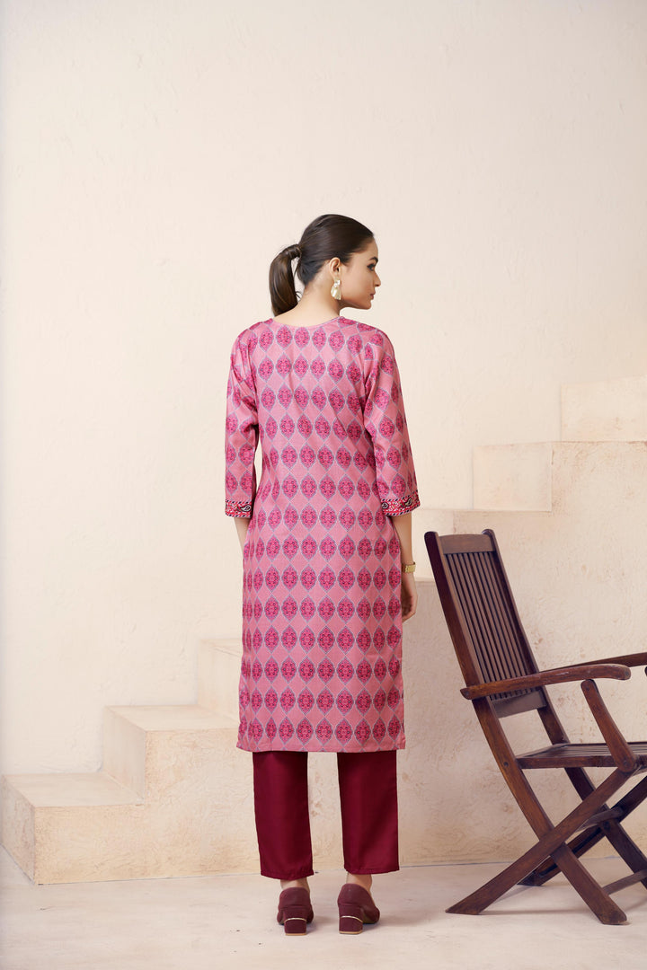 Pink Color Cotton Lilen With Print And Embroidery Work Kurti
