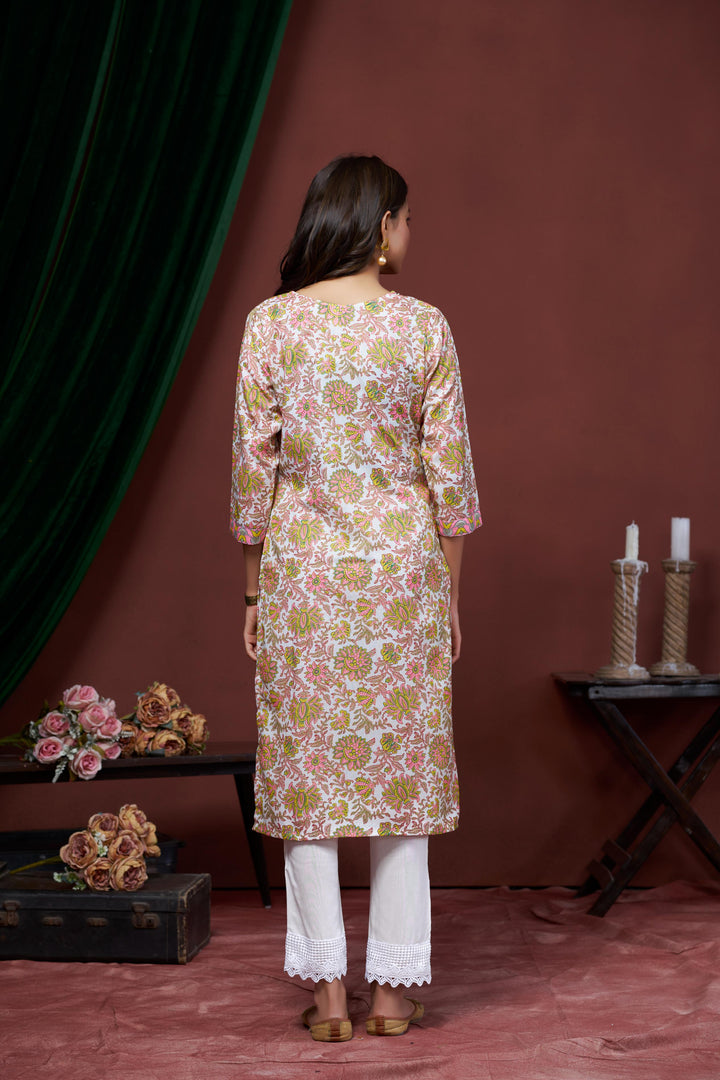 White and Pink Color Cotton Lilen With Print And Embroidery Work Kurti