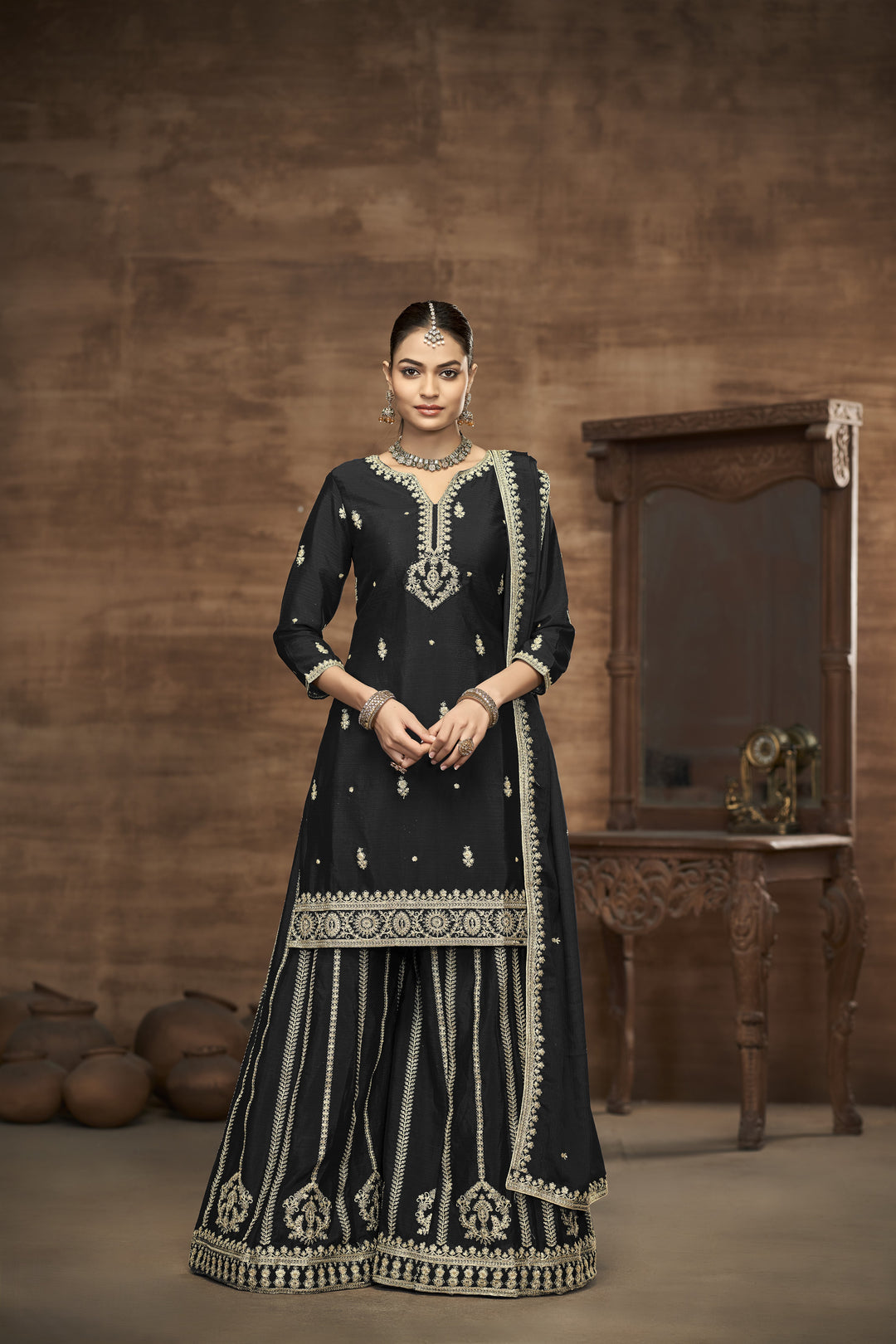 Black Color Chinnon With Embroidery And Sequins Work Top And Plazo