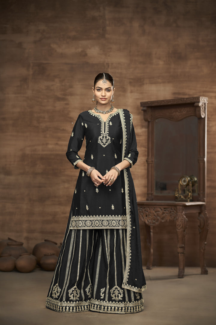 Black Color Chinnon With Embroidery And Sequins Work Top And Plazo