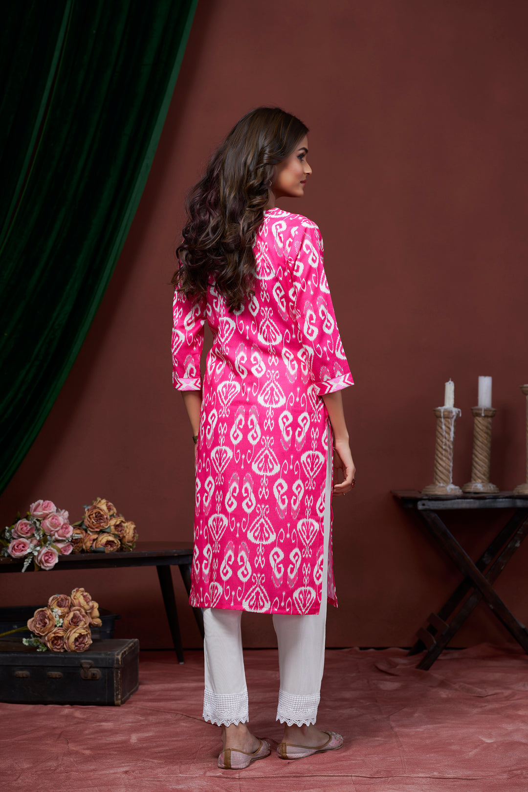 Pink Color Cotton Lilen With Print And Embroidery Work Kurti